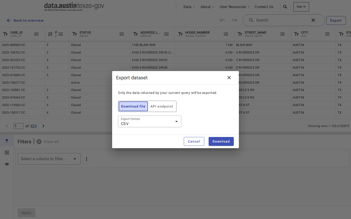Step 5: Export the list as a CSV — Travis County, Texas code violations