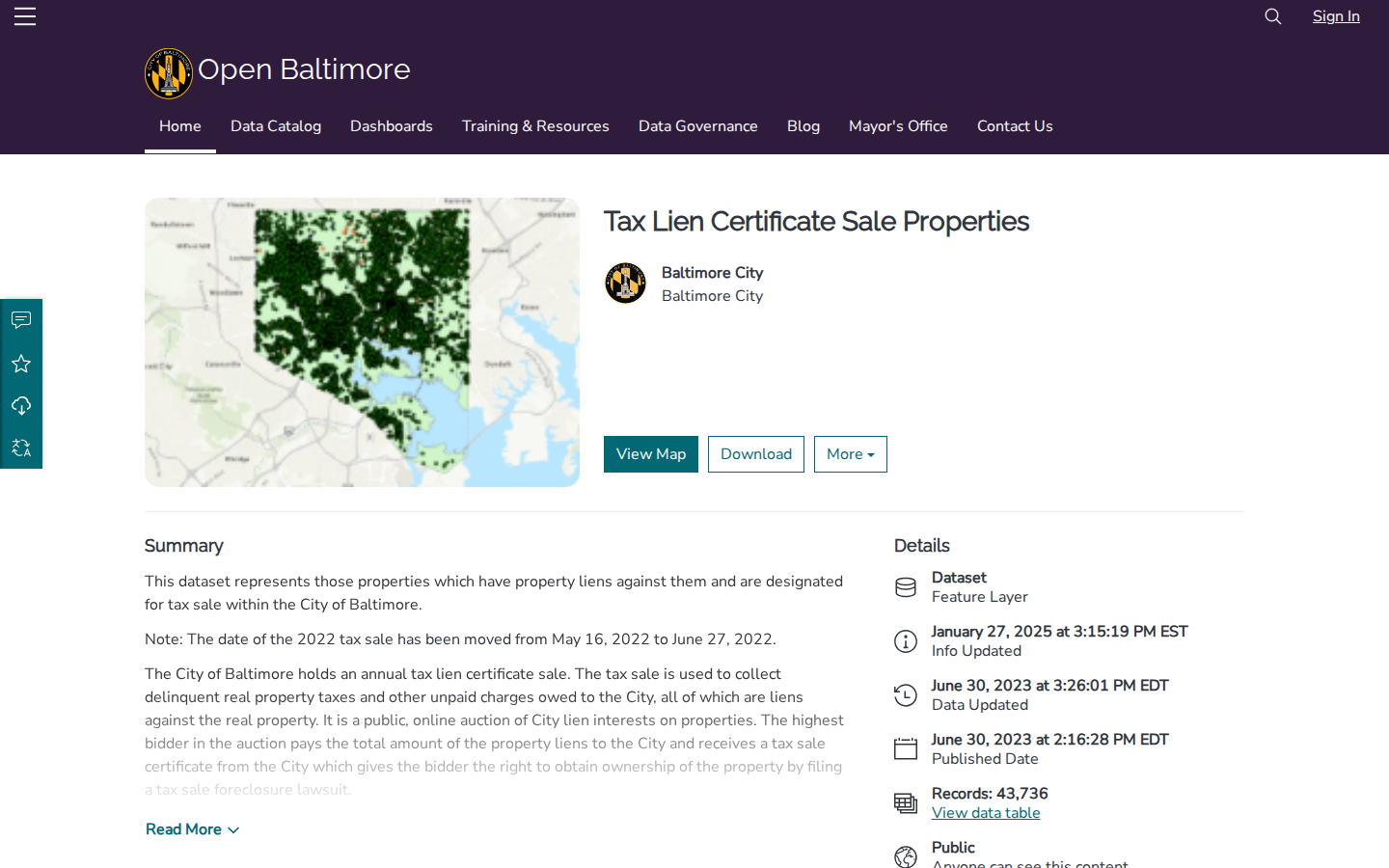 Step 2: Find the tax lien sale dataset — Baltimore City, Maryland tax lien sale