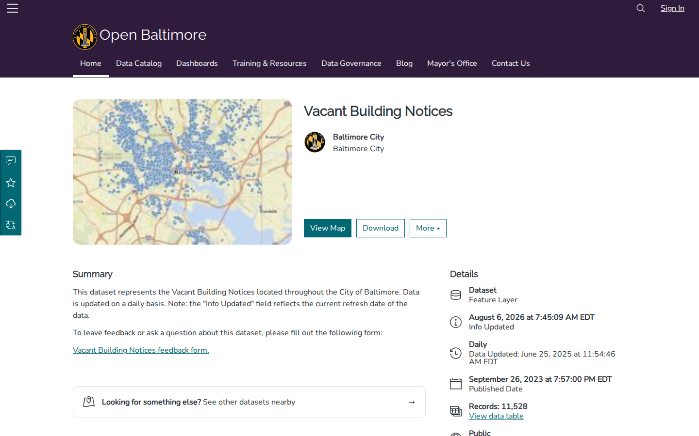 Step 2: Open the Vacant Building Notices dataset — Baltimore City, Maryland vacant buildings