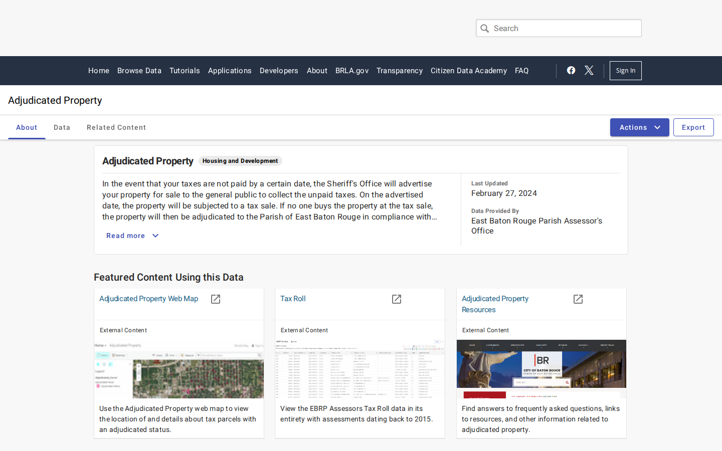 Step 2: Open the Adjudicated Property dataset — East Baton Rouge Parish, Louisiana tax delinquent