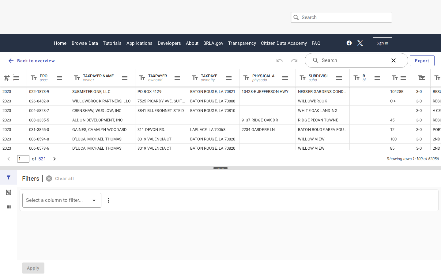 Step 3: Open the data table — East Baton Rouge Parish, Louisiana tax delinquent