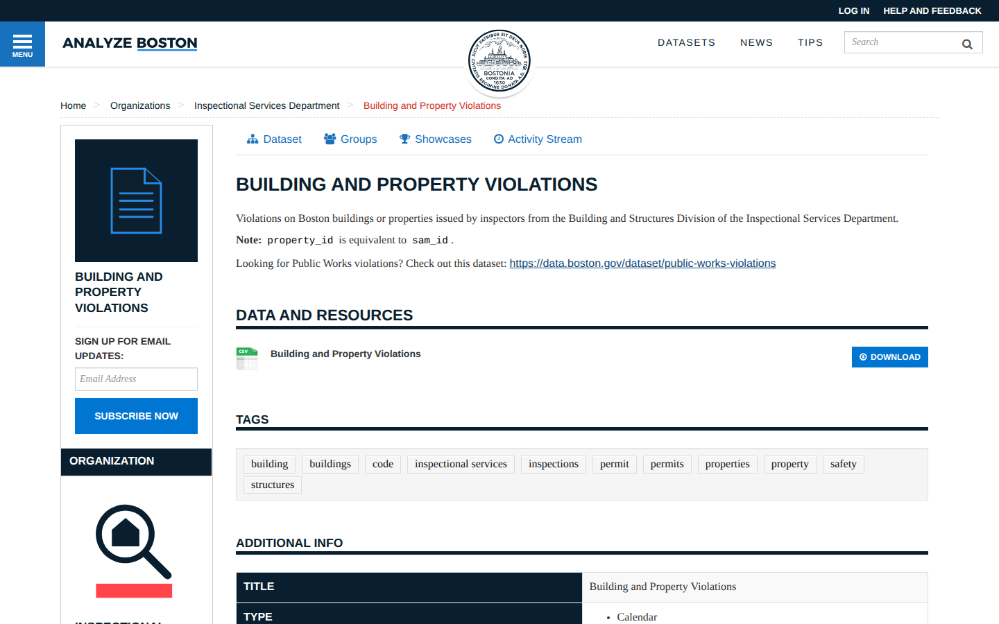 Step 2: Open the Building and Property Violations dataset — Suffolk County, Massachusetts property violations