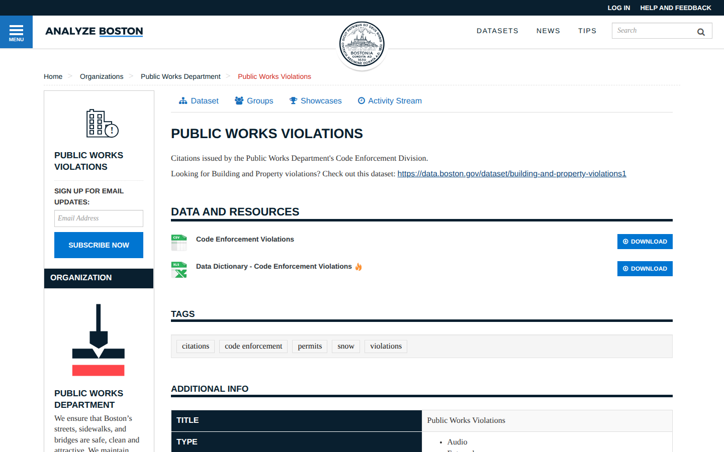 Step 2: Open the Public Works Violations dataset — Suffolk County, Massachusetts code enforcement