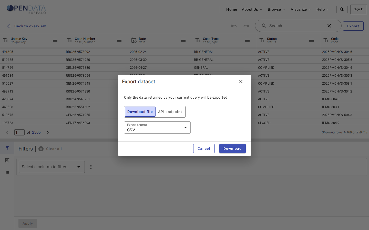 Step 5: Export the list as a CSV — Erie County, New York code violations