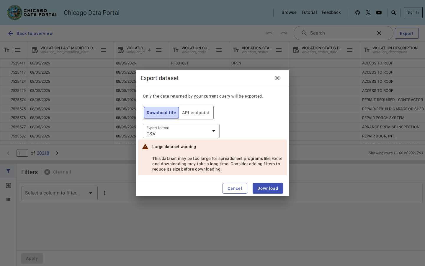 Step 6: Export the list as a CSV — Cook County, Illinois code violations