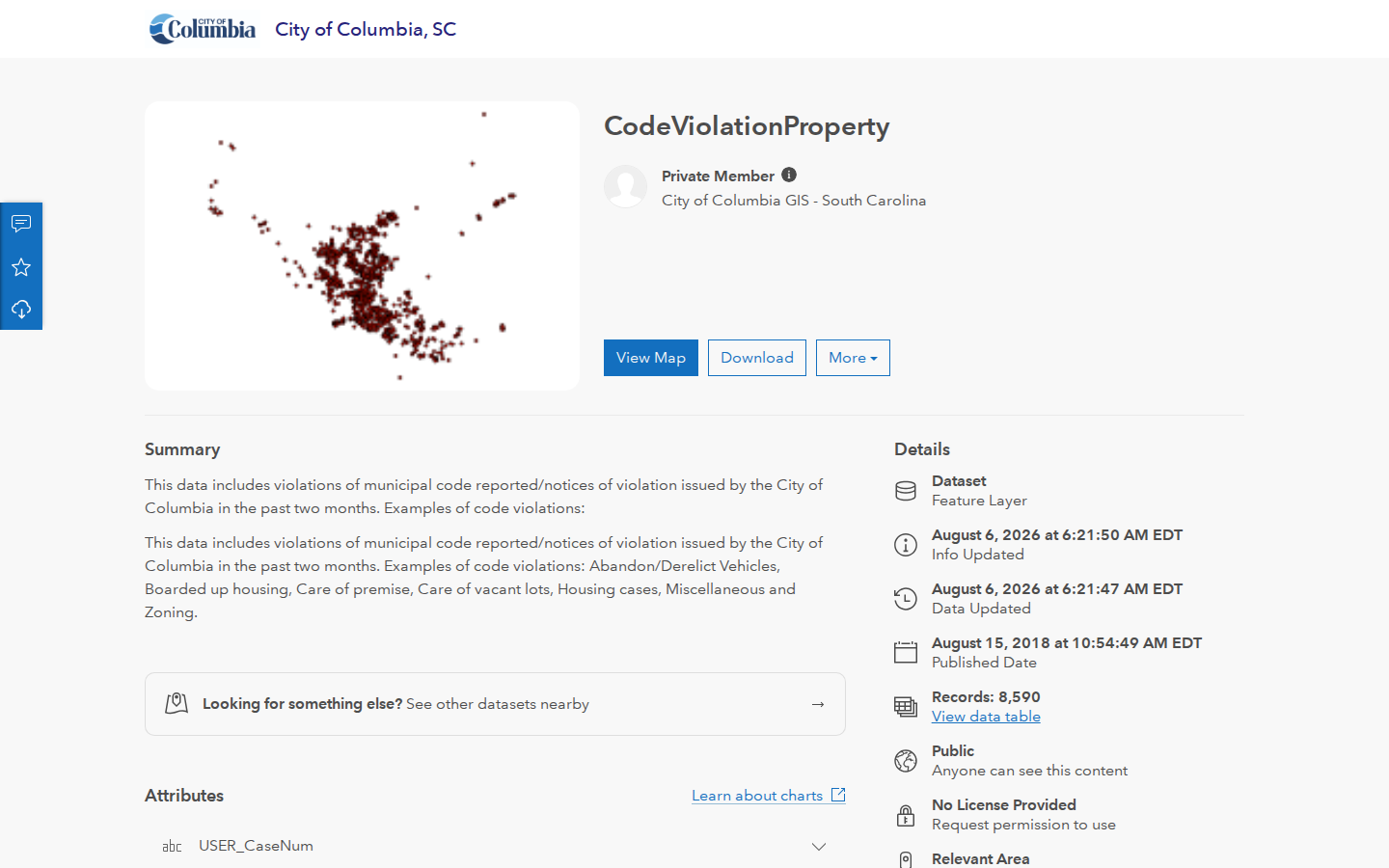 Step 2: Open the CodeViolationProperty dataset — Richland County, South Carolina code violations
