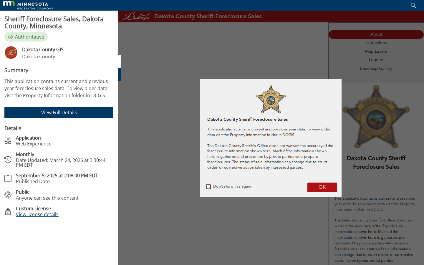 Step 2: Open the Sheriff Foreclosure Sales dataset — Dakota County, Minnesota foreclosure