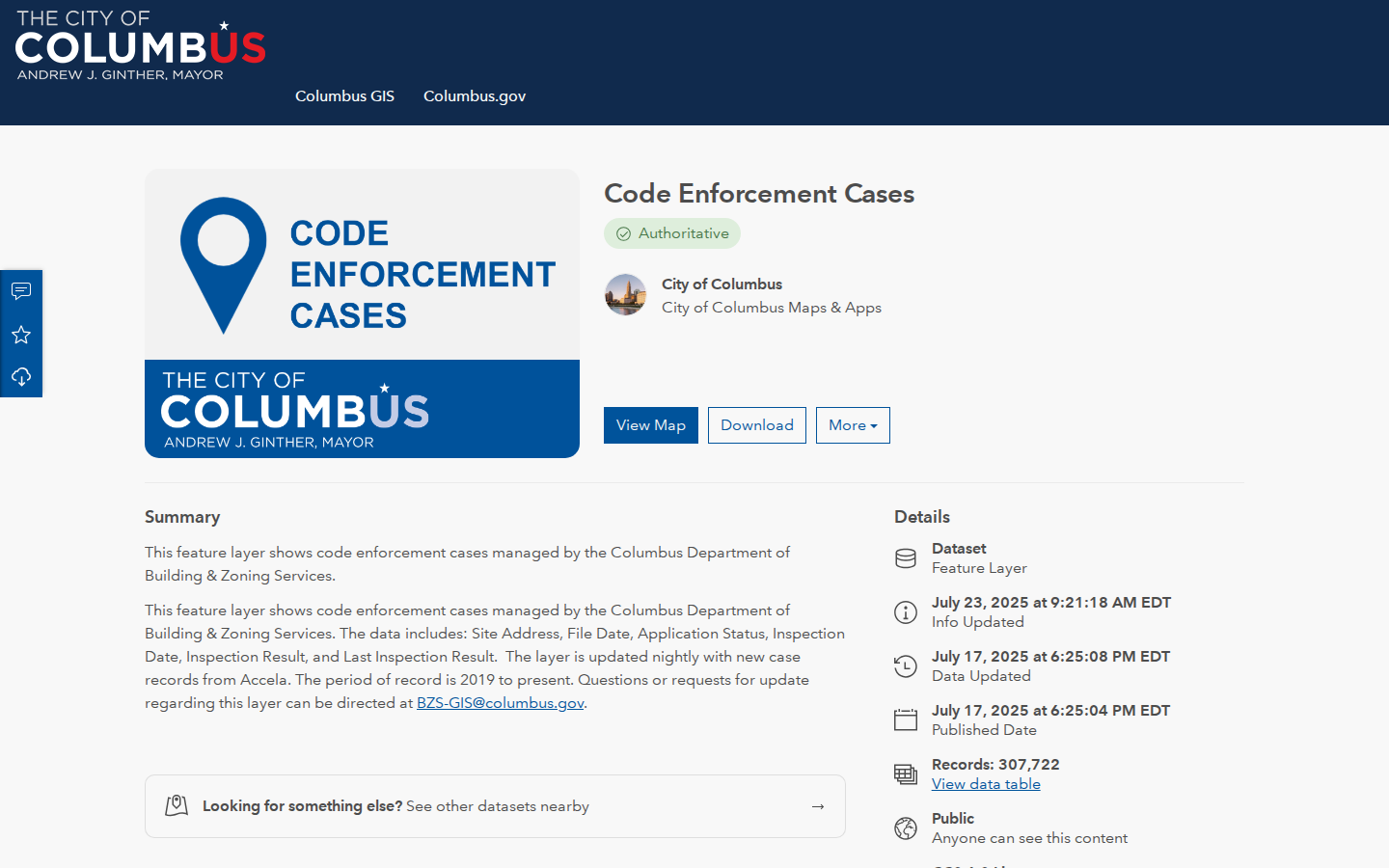 Step 2: Open the Code Enforcement Cases dataset — Franklin County, Ohio code violations
