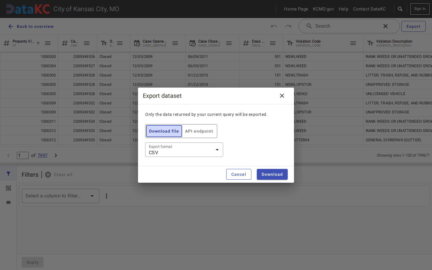 Step 6: Export the list as a CSV — Jackson County, Missouri code violations