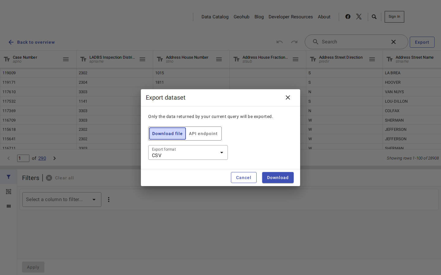 Step 5: Export the list as a CSV — Los Angeles County, California code violations