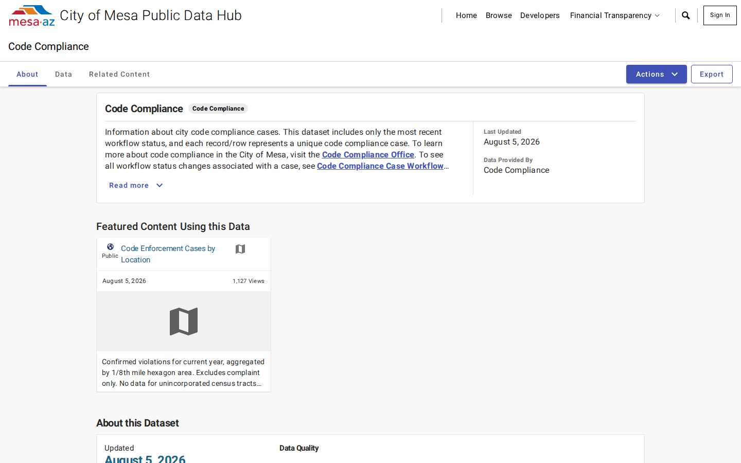 Step 2: Open the Code Compliance dataset — Maricopa County, Arizona code violations