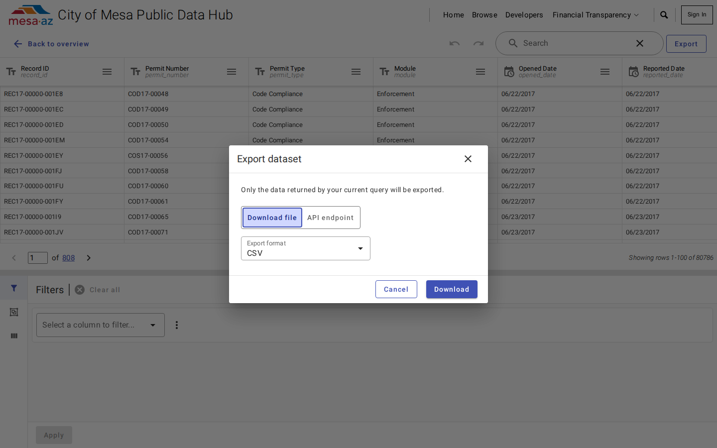 Step 5: Export the list as a CSV — Maricopa County, Arizona code violations