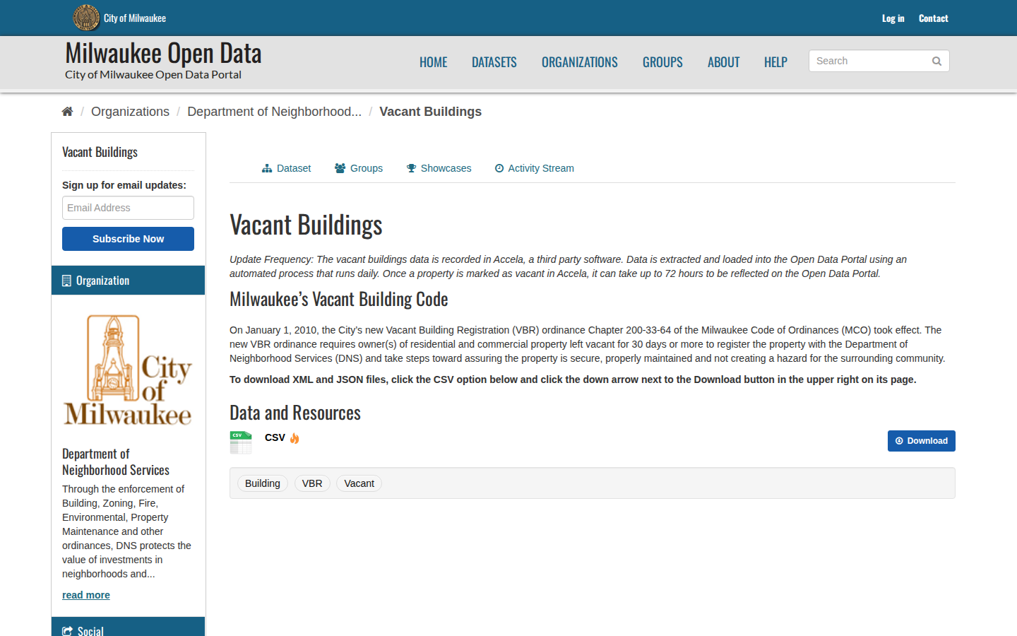 Step 2: Open the Vacant Buildings dataset — Milwaukee County, Wisconsin code violations