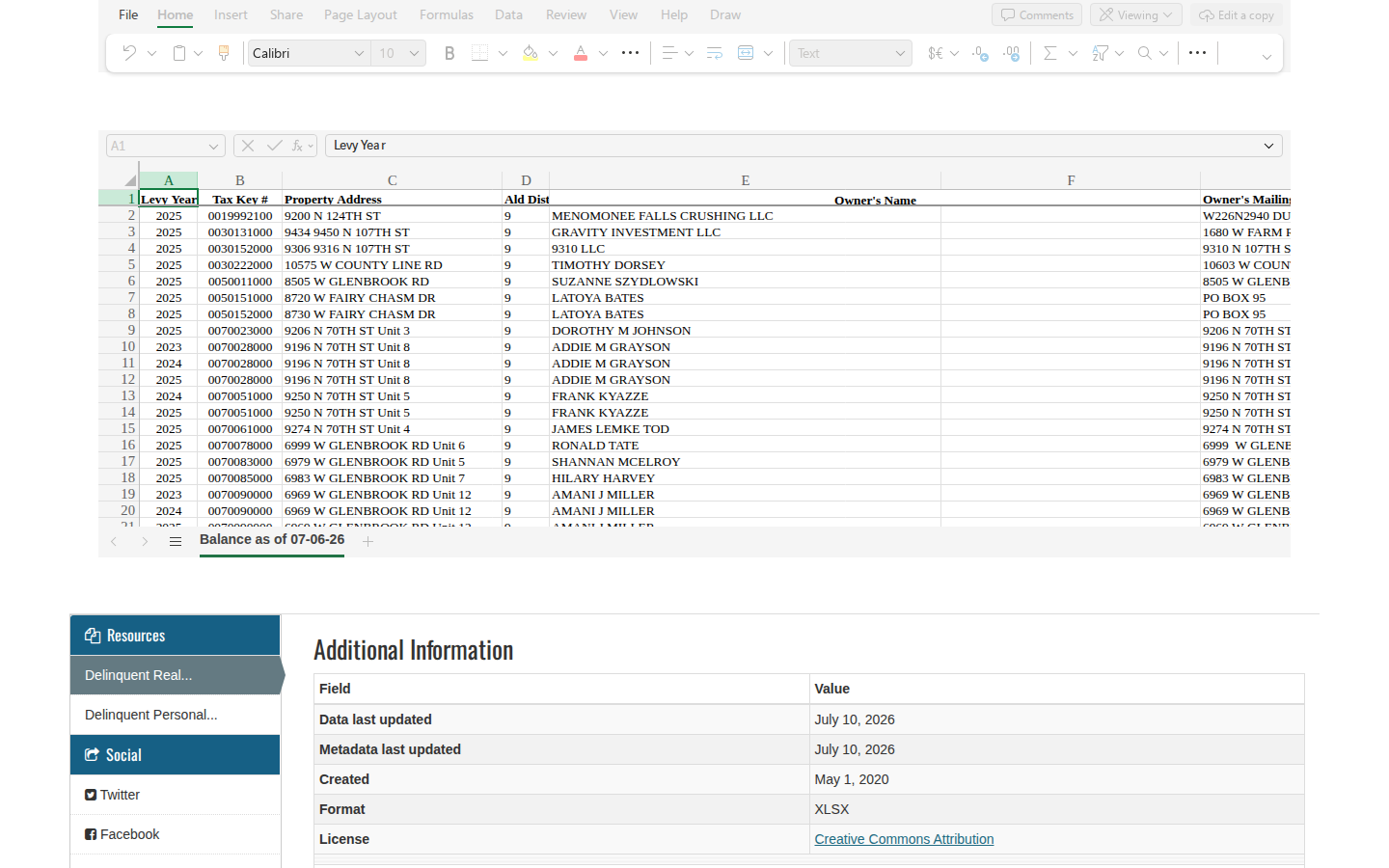 Step 3: Preview the spreadsheet — Milwaukee County, Wisconsin tax delinquent
