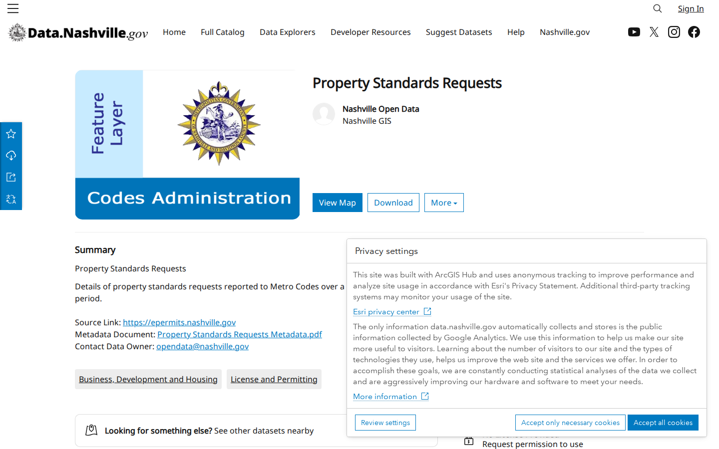Step 2: Open the Property Standards Requests Dataset — Davidson County, Tennessee code violations