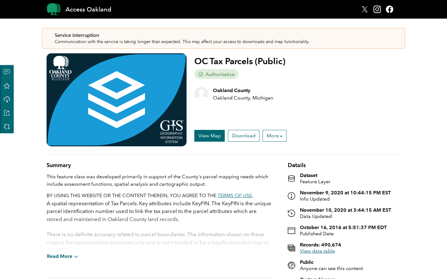 Step 2: Open the OC Tax Parcels (Public) Dataset — Oakland County, Michigan parcels & property