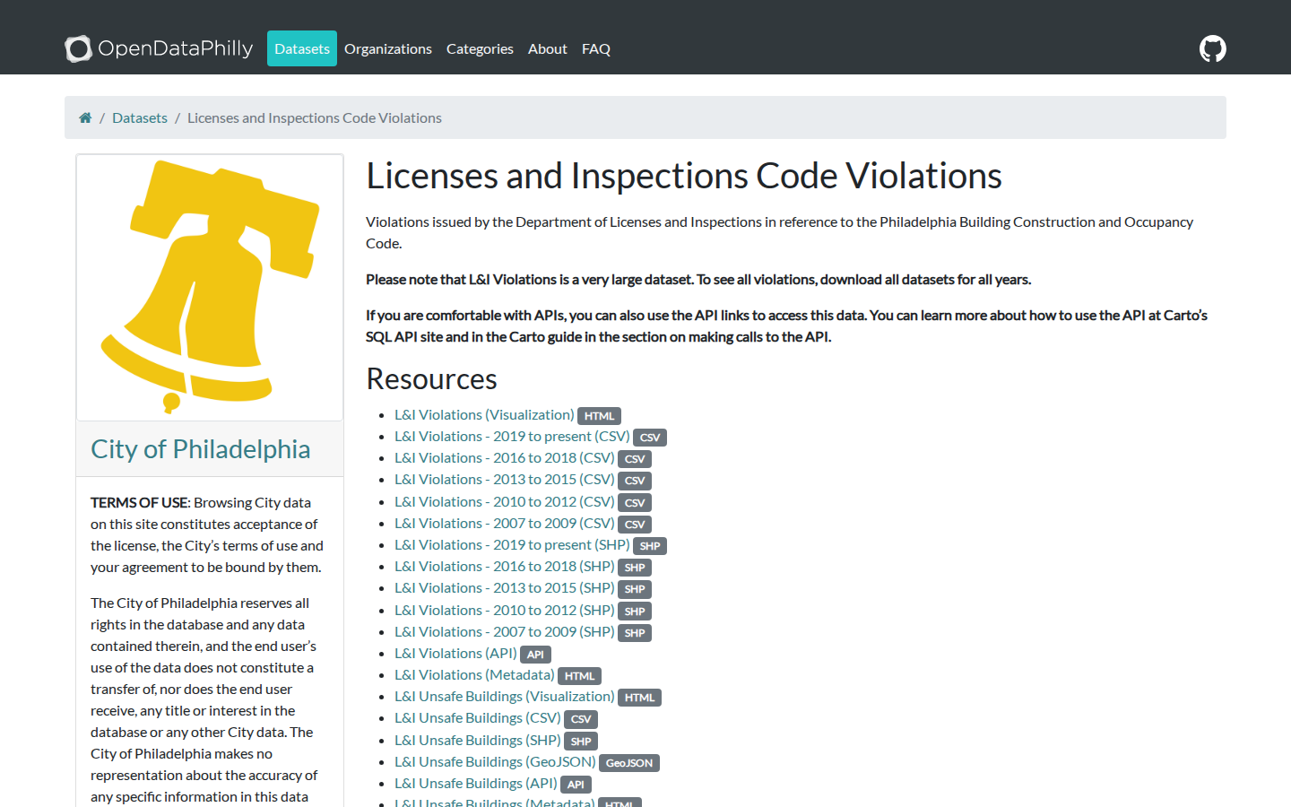Step 2: Open the L&I Code Violations dataset — Philadelphia County, Pennsylvania code violations