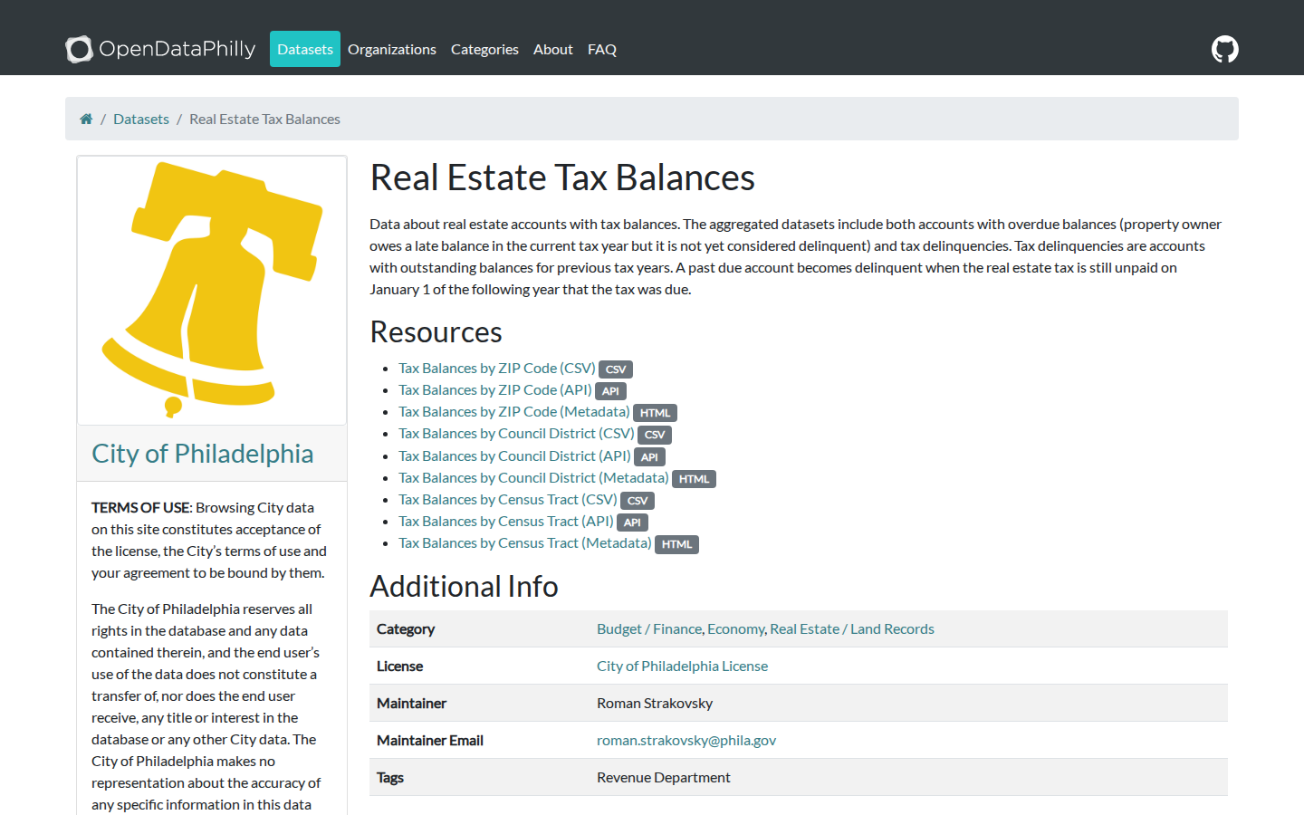 Step 2: Open the Real Estate Tax Balances dataset — Philadelphia County, Pennsylvania tax delinquent