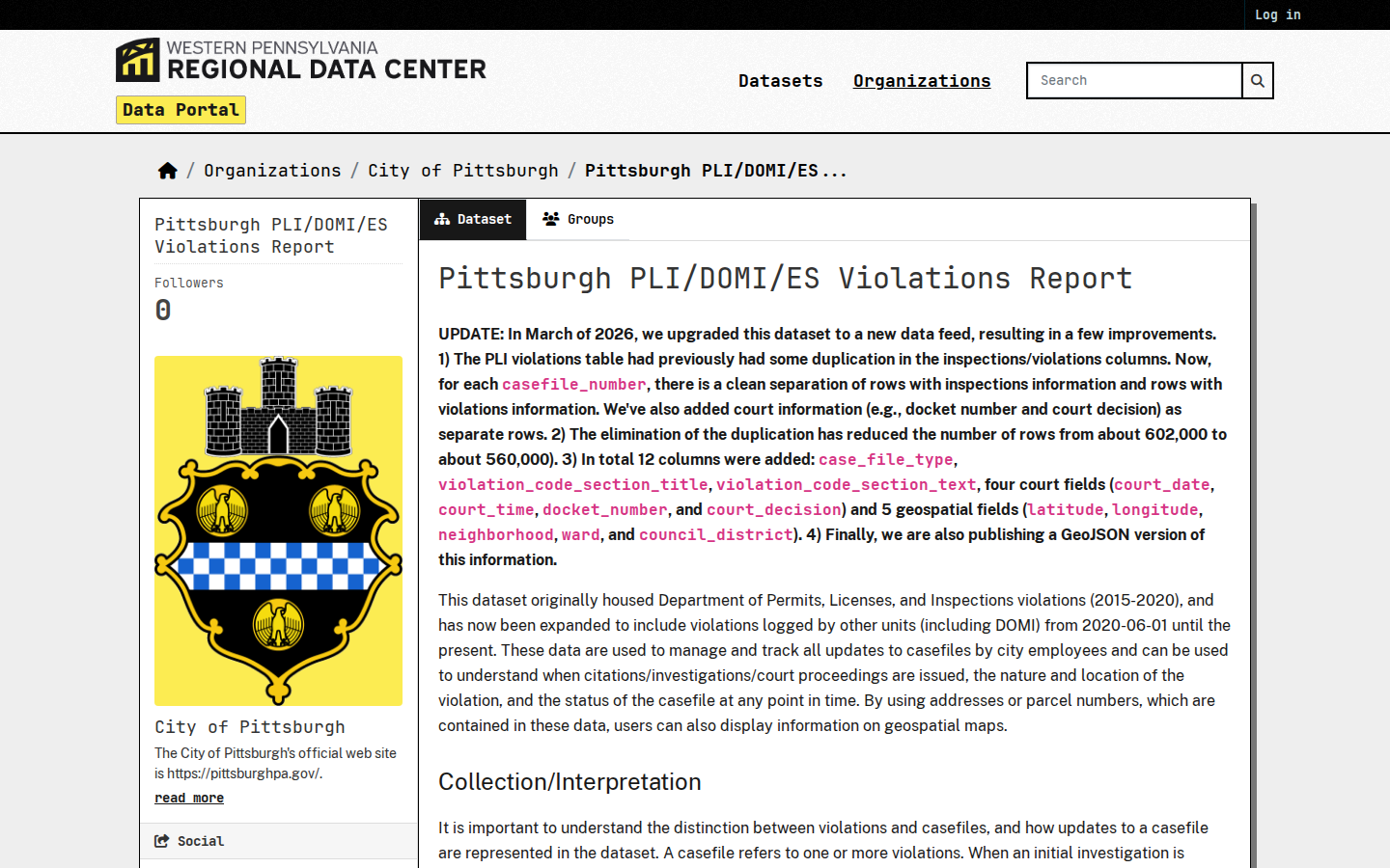 Step 2: Open the violations dataset — Allegheny County, Pennsylvania code violations
