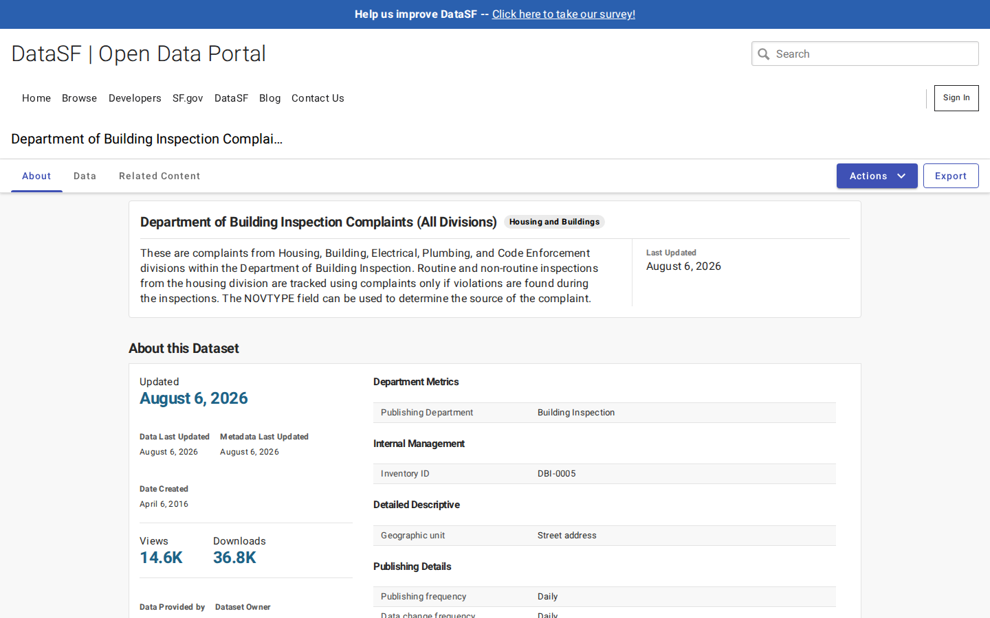Step 2: Open the Building Inspection Complaints dataset — San Francisco County, California code violations