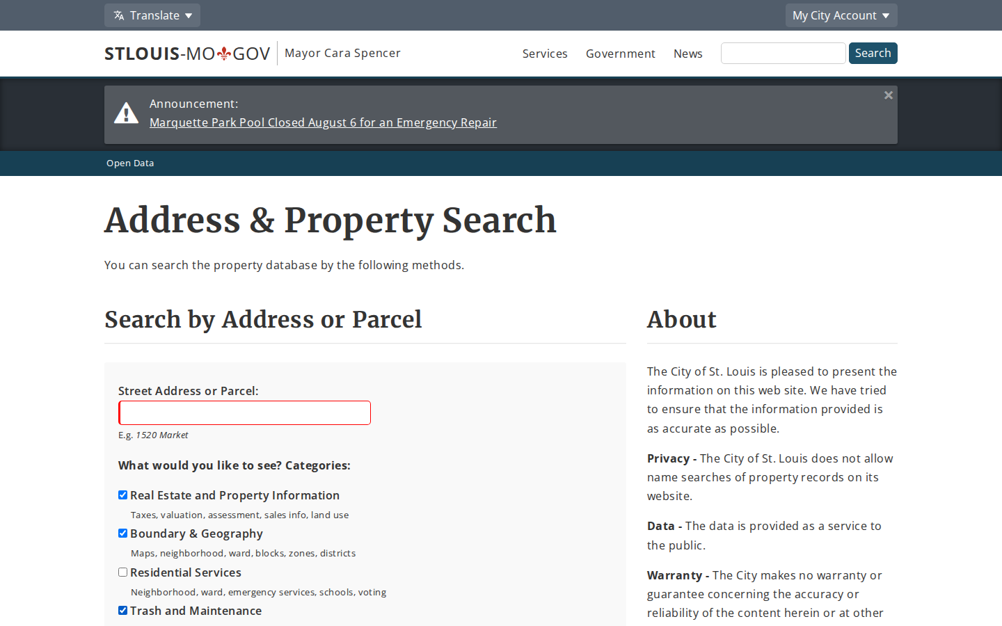 Step 1: Go to the Address & Property Search — St. Louis City, Missouri parcel fees