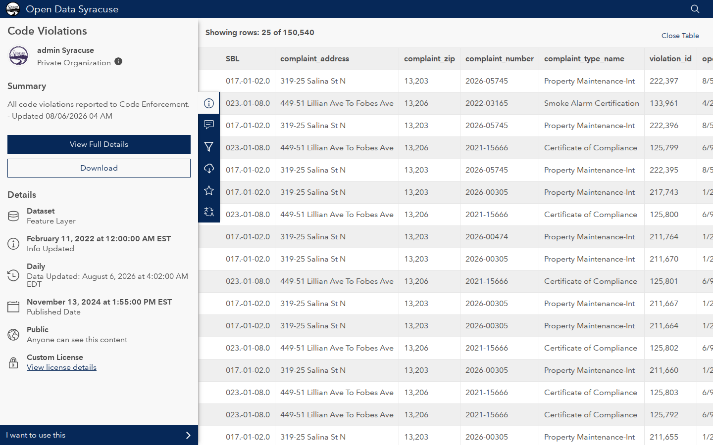 Step 3: Open the data table — Onondaga County, New York code violations