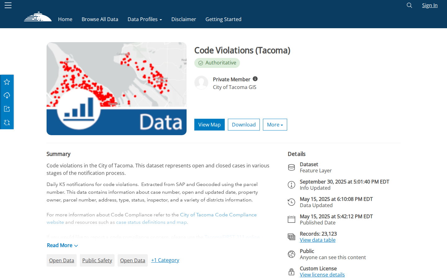 Step 2: Open the Code Violations dataset — Pierce County, Washington code violations